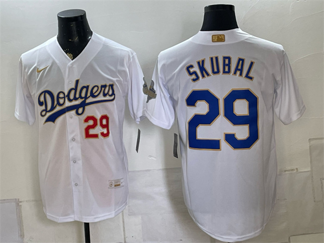 Men's Los Angeles Dodgers #29 Tarik Skubal White 2026 Gold Collection Stadium Stitched Baseball Jersey